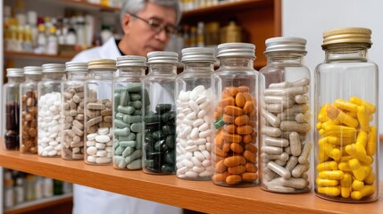 Pharmacist organizing and inspecting various bottles of vitamins and supplements in a health store during daytime hours