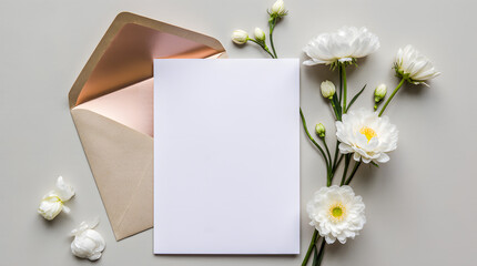 A clean and elegant flat lay featuring a blank sheet of paper, a rose gold envelope, and delicate white flowers