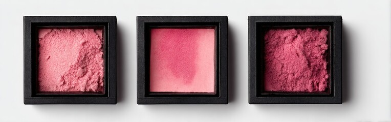 Three square blush compact boxes, filled with varying textures of pink blush