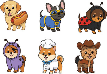 Cute Dogs in Funny Costumes Vector Set, Including Chef, Superhero, Ladybug, Cowboy, Hotdog Outfits, Perfect for Pet Lovers, Kids Designs, Stickers