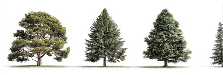 Four different types of trees, isolated on white background.  Conifers and pine.  Full view,  different shapes and sizes.  Natural elements