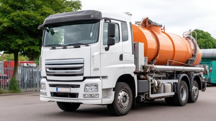 Heavy duty vacuum truck parked in a commercial area under clear skies during the day