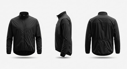 Black Lightweight Cycling Jacket Mockup Three-View.