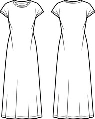 Long dress technical illustration, front and back view, round neckline, short sleeves, flared skirt, garment sketch, fashion drawing, sewing template