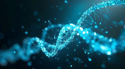 Glowing DNA fragments intertwine to form a captivating molecular mesh, showcasing intricate genetic structures in an abstract setting filled with luminous particles