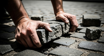 Strong hands gripping rough cobblestone for pavement construction and manual labor