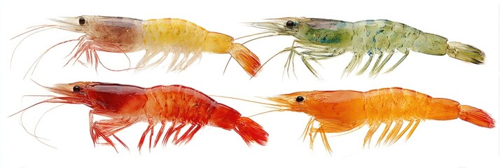 Four different types of shrimp, displayed in profile view.  Various colors including light yellowish-orange, pale pinkish-red, and a greenish-gray