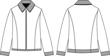Technical flat sketch of jacket with pointed collar, zipper closure, contrasting panels, long sleeves, front and back view, fashion apparel illustration © Ideasy Mind