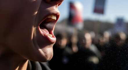 Close-up of person shouting, mouth open, expressing strong emotion at a protest or rally amidst a blurred crowd.