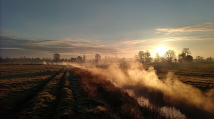 Fototapeta premium Misty Dawn Over Countryside Field with Steam Rising at Sunrise