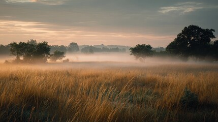 Fototapeta premium Serene Dawn with Steam Rising in a Countryside Field