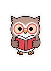 A cute cartoon owl wearing red glasses and reading a book. Education, knowledge, learning, and wisdom symbol.