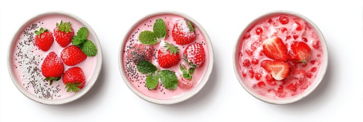 Three bowls of strawberry yogurt parfaits, topped with fresh berries and garnished with mint leaves