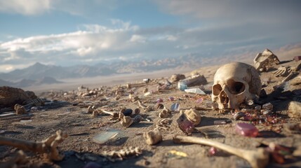 Obraz premium Deep Desert Scene with Scattered Bones and Relics in the Sand
