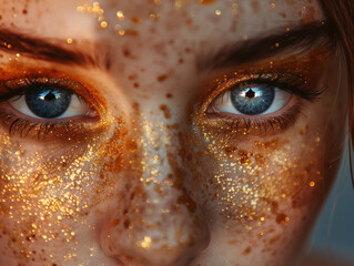 Close up portrait of blue eyes with golden glitter makeup artistic fantasy style