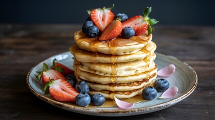 Stack of golden pancakes with berries and syrup on ceramic plate, pink flower petals and dark background breakfast scene