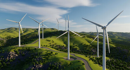 Wind turbines on green hills under a blue sky creating clean energy for the future generation today now ai generated