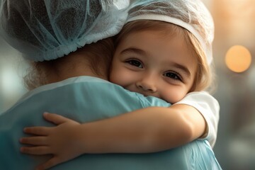 Emotional moment of healthcare worker receiving a heartfelt hug from child, soft glow and stylized plastelin effect