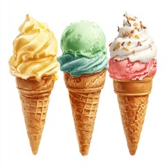 Three colorful ice cream cones