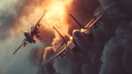 Naklejka premium Dramatic Air Battle Between Fighter Jets in Explosive Sky Scene