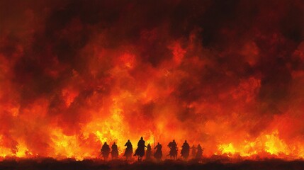 Fototapeta premium Dynamic Battle Scene with Fiery Background and Silhouetted Figures