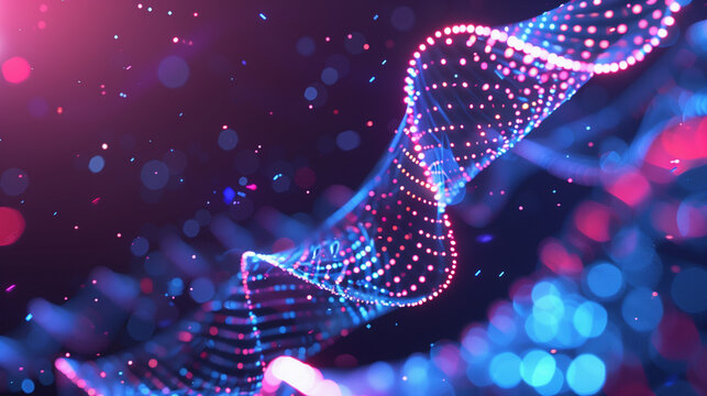 A glowing DNA helix represents advanced technology, showcasing a data stream that merges science and digital art. Vivid colors illuminate the background, enhancing the futuristic atmosphere