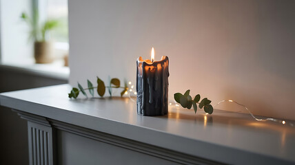 Moody Ambiance Candlelit Mantel with Eucalyptus and Fairy Lights