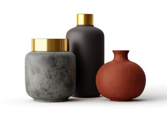 Three decorative ceramic vases in muted tones.  A dark gray, a dark charcoal, and a terracotta colored vase.  Gold-toned metal accents on the lids.  Studio shot on white background