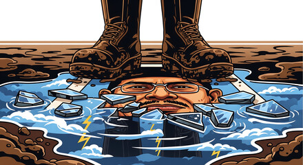 Heavy Boots Crushing Man's Head on Breaking Ice - Symbolizing Pressure, Oppression, and Overwhelm