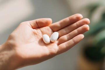 A soft, natural light close-up of a hand holding two smooth white pills, symbolizing daily supplements, healthcare, and wellness.