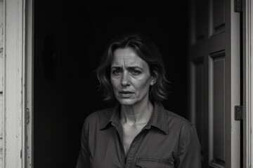 Fototapeta premium Woman stepping outside with tears and a worried expression in the dark 