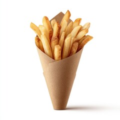 Crispy French fries in a brown paper cone