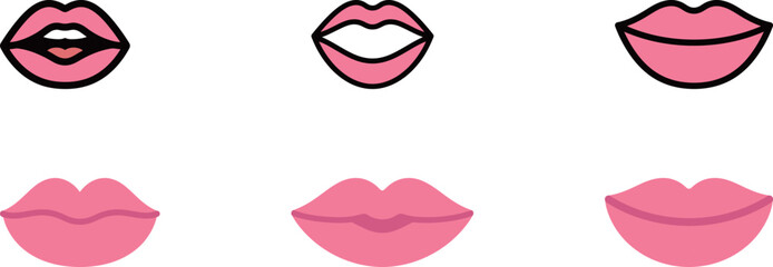 Set of cute cartoon pink lips with different expressions and styles. Graphic resource for design projects.