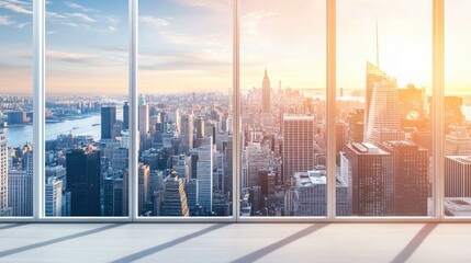 Panoramic city view through large windows at sunset.