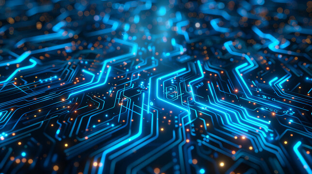 A holographic circuit board emits a radiant glow as intricate blue pathways stretch across the surface, with small luminous points adding depth to the digital landscape