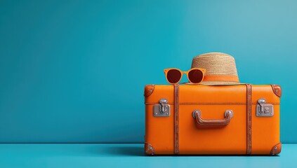 Retro orange suitcase with summer accessories on teal background
