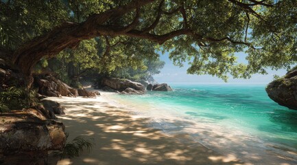 Tranquil beach scene under a lush, overhanging tree canopy.  A sun-drenched, pristine beach meets turquoise water.  Large rocks frame the shoreline