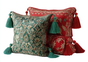 Two decorative pillows, emerald green and crimson red, feature intricate floral damask patterns and teal/red tassels