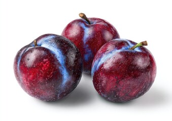 Three plump, dark red and blue plums, glossy and vibrant, sit closely together against a plain white background