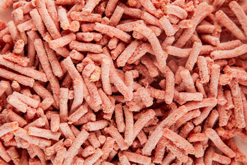 Minced meat frozen ground meat frozen pork, beef or chicken tasty snack fresh delicious gourmet food background on the table rustic food top view copy space