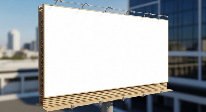 Blank white billboard mockup with a wooden frame against a blurred city skyline during the day.