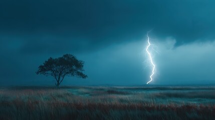 Dramatic Lightning Strike Hitting a Lone Tree in a Field at Dusk