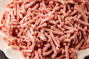 Minced meat frozen ground meat frozen pork, beef or chicken tasty snack fresh delicious gourmet food background on the table rustic food top view copy space