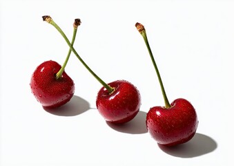 Three fresh, red cherries, wet with droplets, arranged in a slightly staggered row against a plain white background.  Shadows cast beneath them