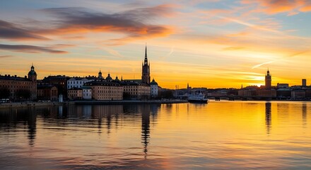 Naklejka premium Stockholm city skyline at sunset with vibrant reflections on the water.