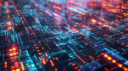 A holographic data grid showcases a vibrant matrix of lines and glowing elements, illuminated in blues and oranges, creating a digital landscape full of dynamic visual information