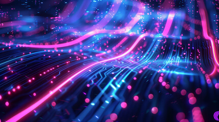 A vivid holographic circuit wave flows gracefully through a digital environment, showcasing bright hues of pink and blue