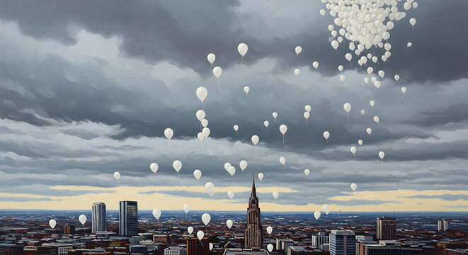 Numerous white balloons ascend into a dramatic, cloudy sky above a sprawling urban cityscape, symbolizing hope, release, and remembrance.