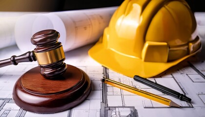 a wooden gavel rests on blueprints next to a yellow hard hat symbolizing construction law and justice