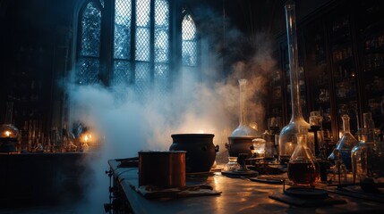 Dramatic Gothic Laboratory with Steam and Mysterious Atmosphere